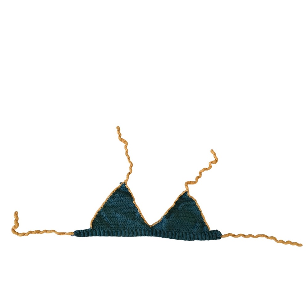 Handmade Crochet Triangle Bikini Top Teal Mustard Yellow Boho Festival Knit